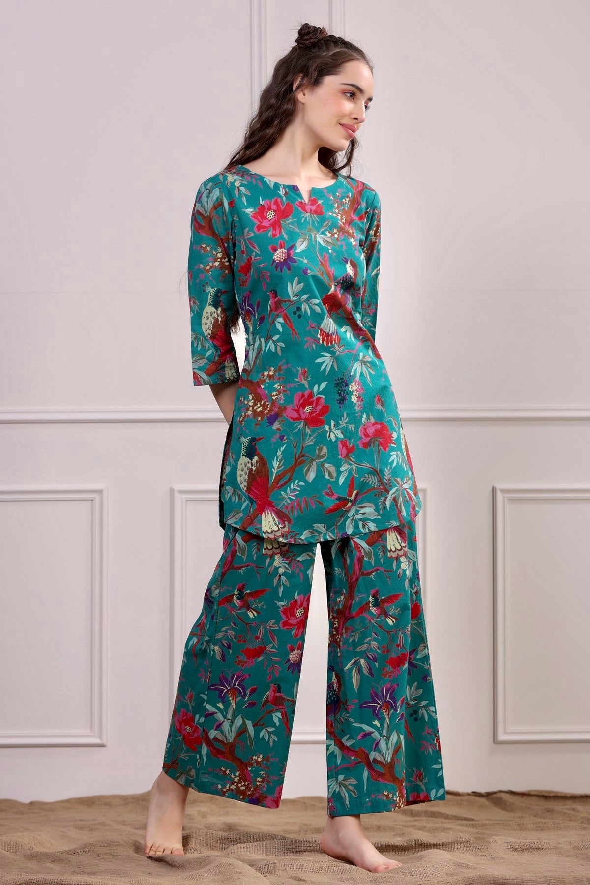 Chirping Bird on Teal Cotton Palazzo Loungewear Set