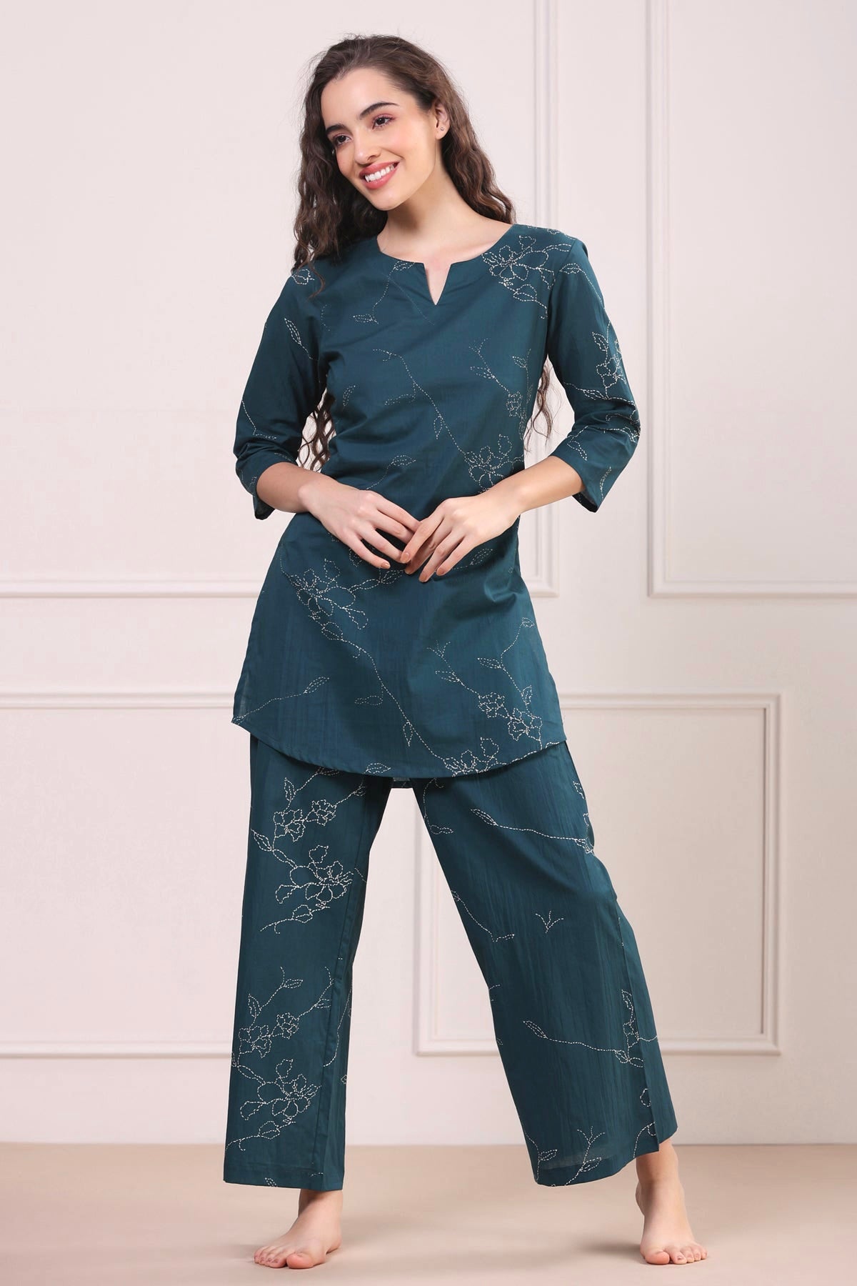 Floral Dots on Emerald Cotton Palazzo Loungewear Set