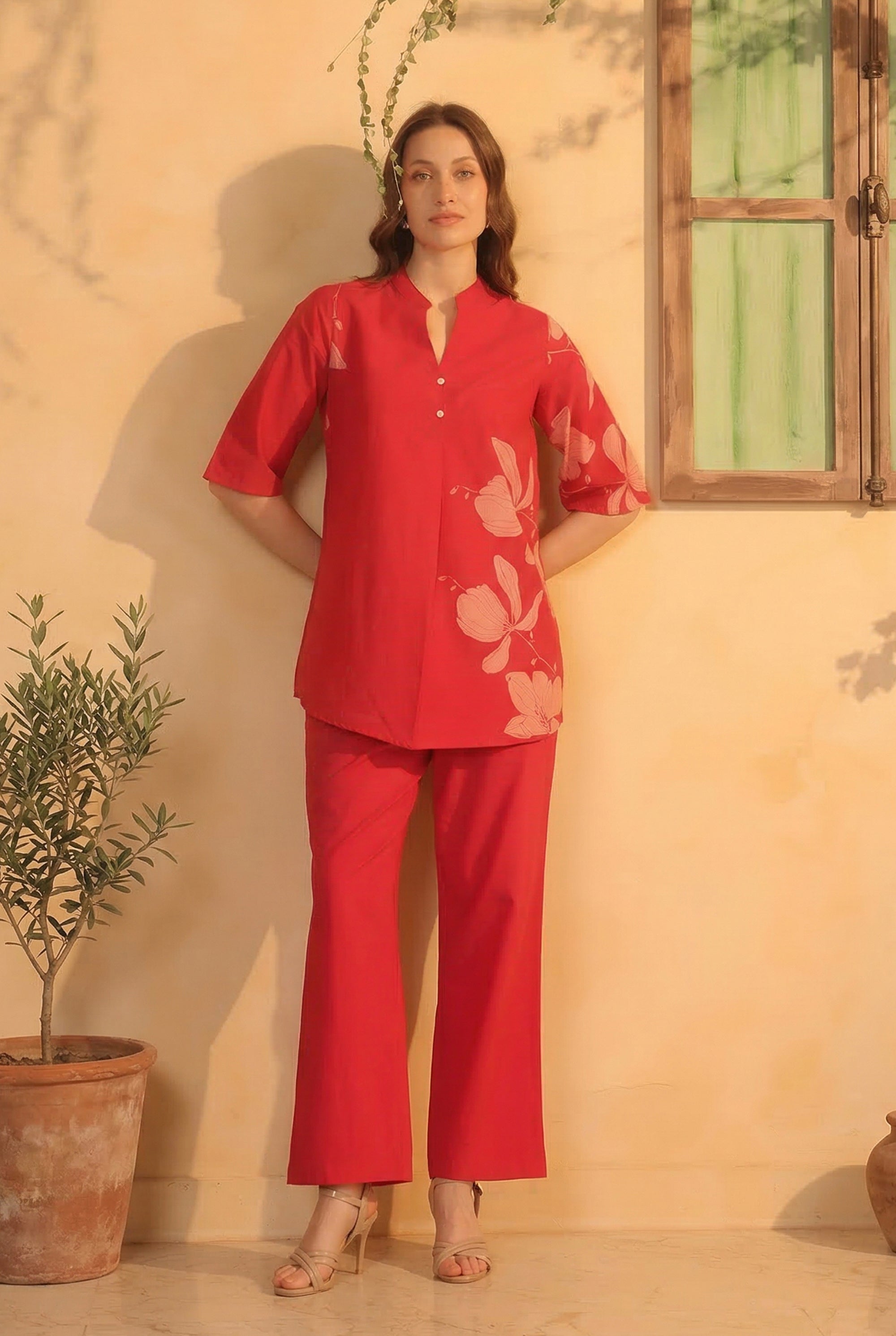 Pink Contemporary Floral Printed Cotton Two-Piece Co-ord Set