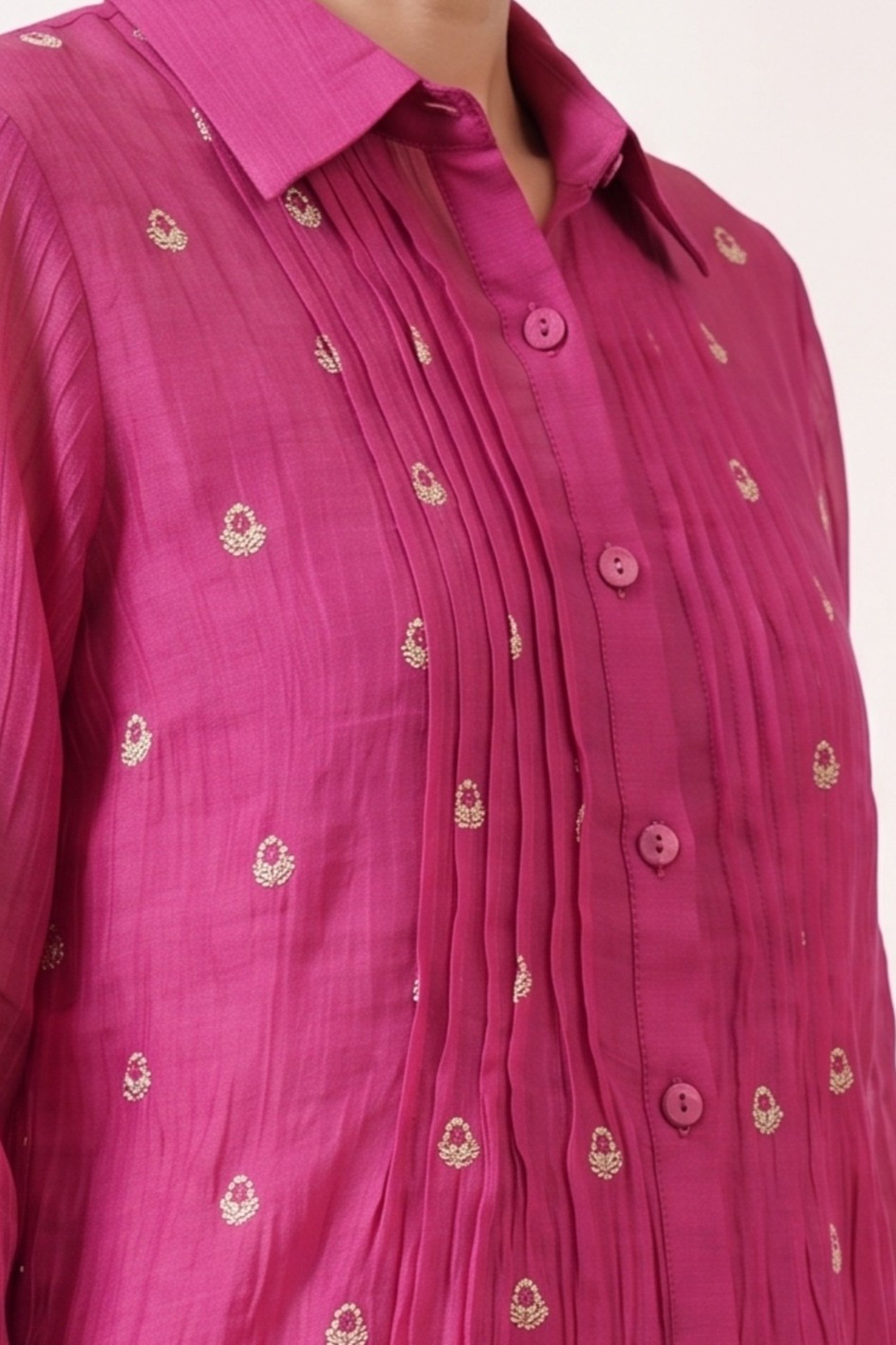 Pink Pintuck Embroidered Button-Down Shirt with Wide Leg Pant Co-ord Set
