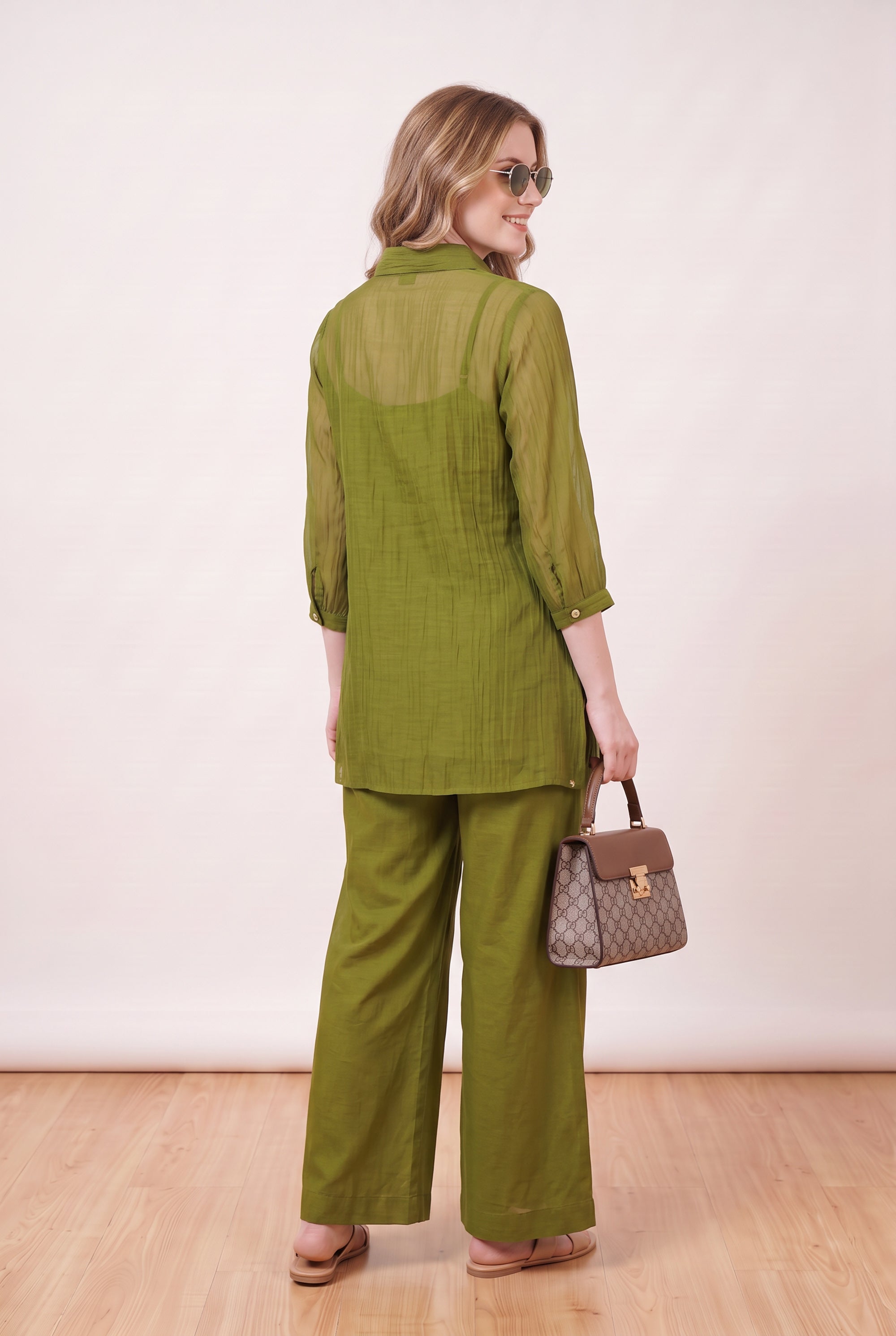 Green Pintuck Designer Button-Down Embroidered Shirt & Pant Co-ord Set