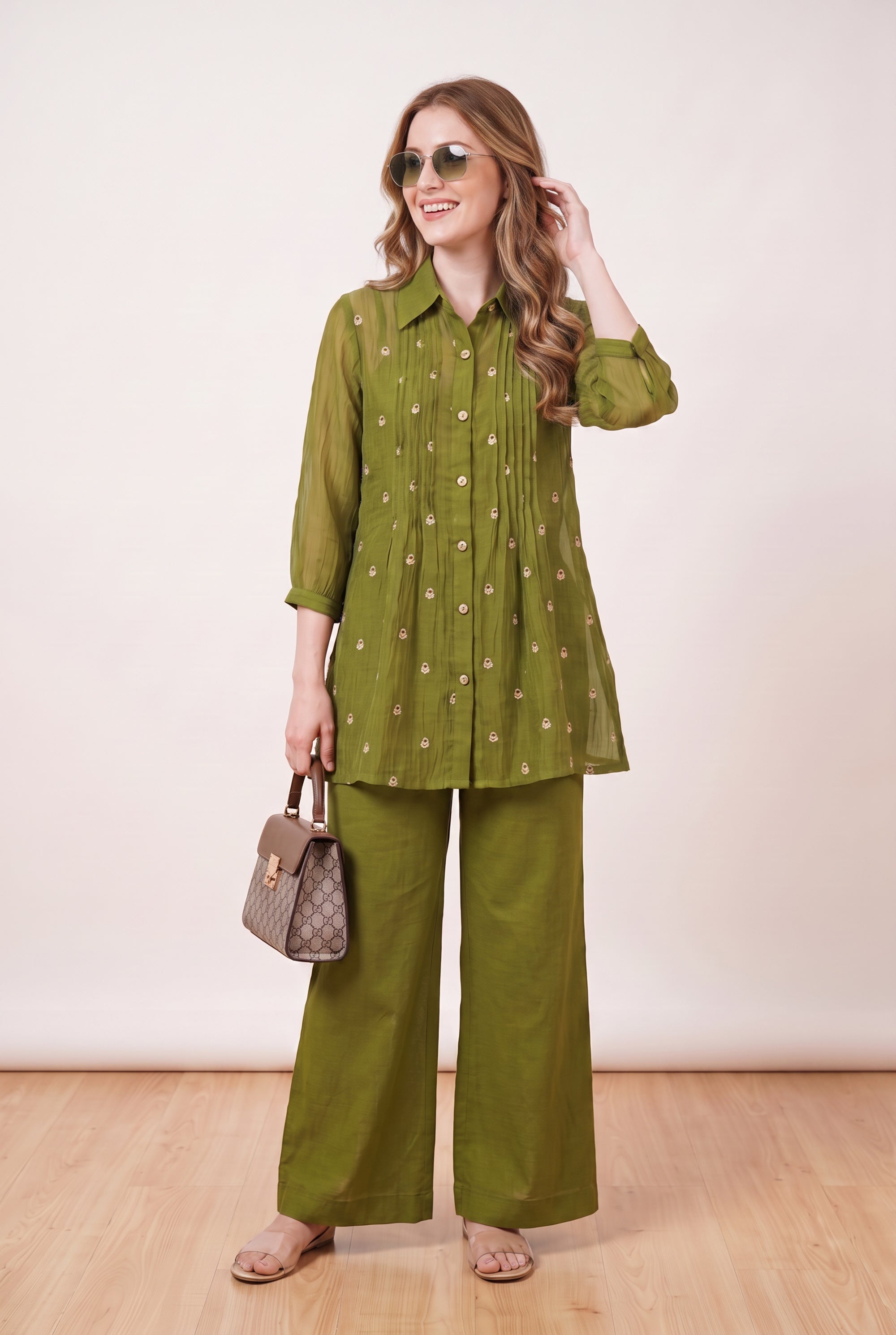 Green Pintuck Designer Button-Down Embroidered Shirt & Pant Co-ord Set