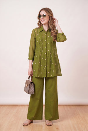 Green Pintuck Mul Chanderi Embroidered Co-ord Set