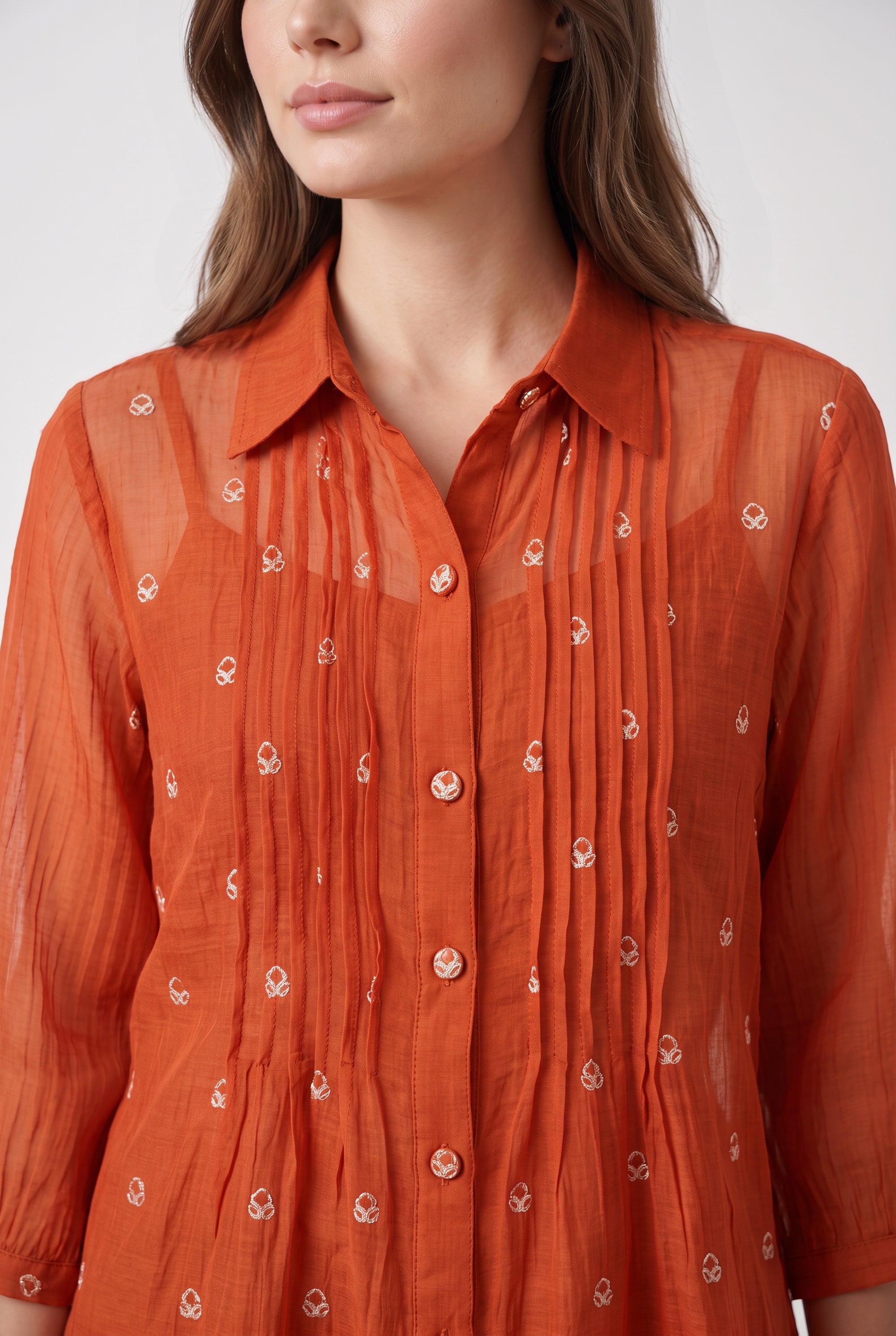 Rust Orange Pintuck Embroidered Shirt with Straight Pant Co-ord Set