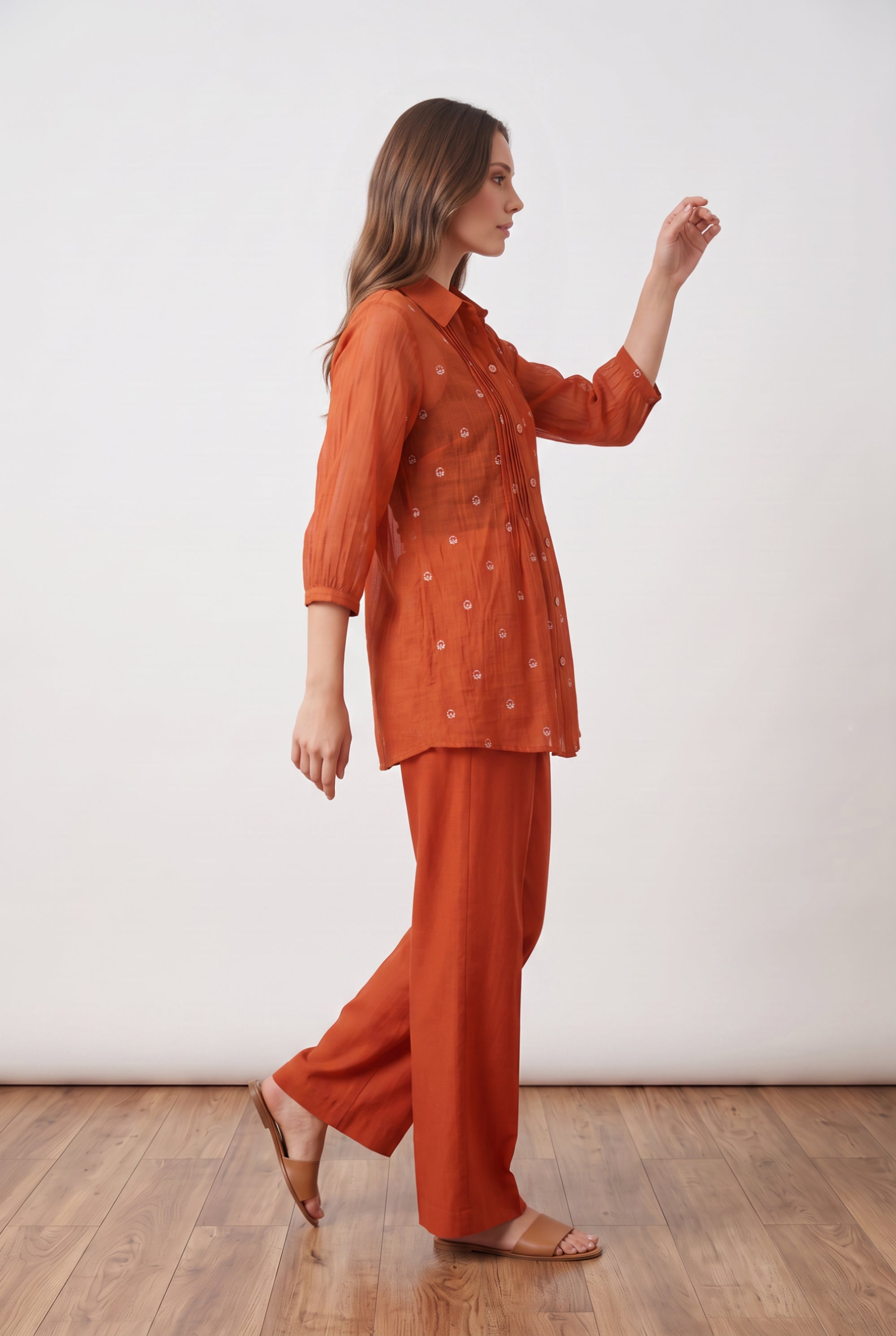 Rust Orange Pintuck Embroidered Shirt with Straight Pant Co-ord Set