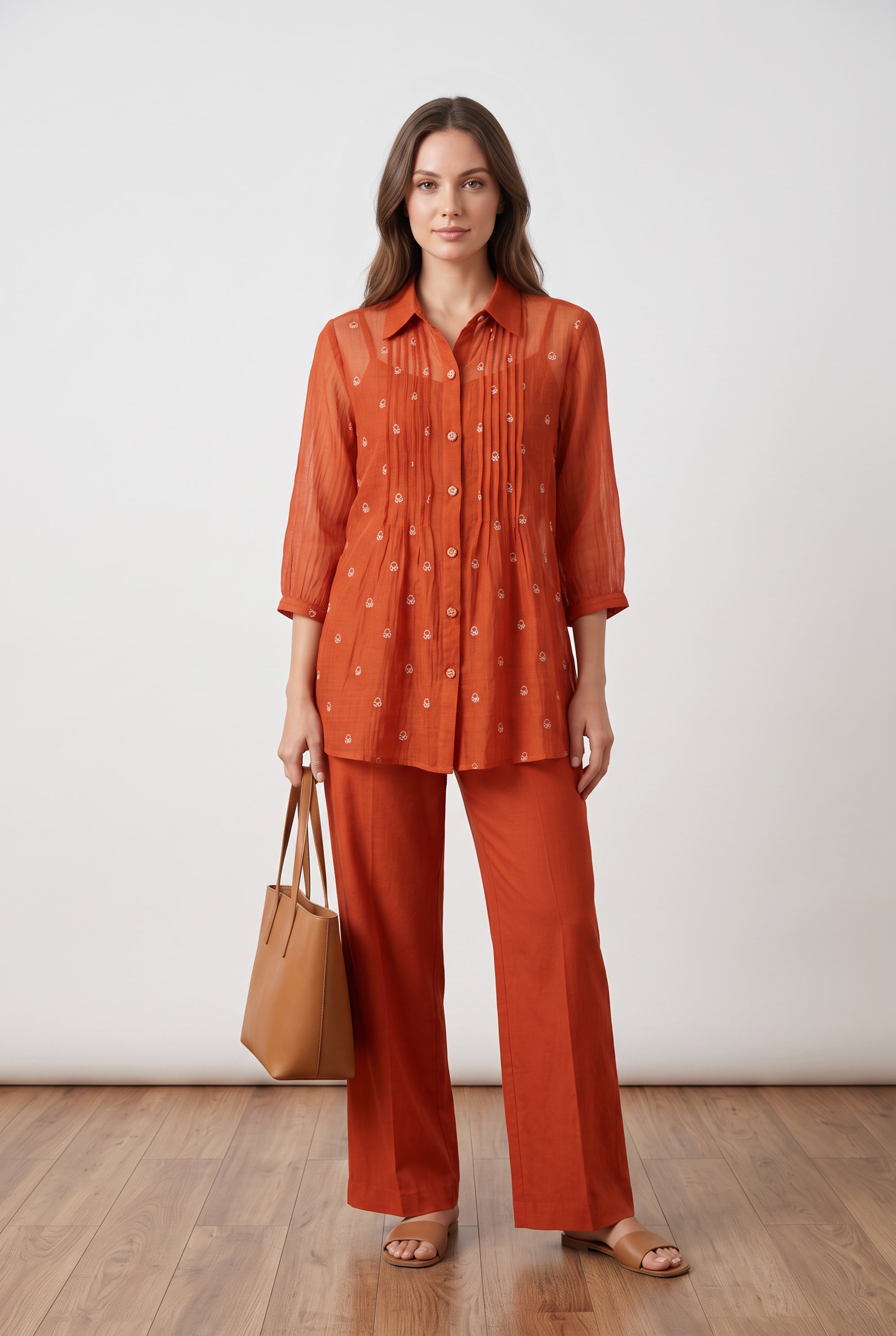 Rust Orange Pintuck Embroidered Shirt with Straight Pant Co-ord Set