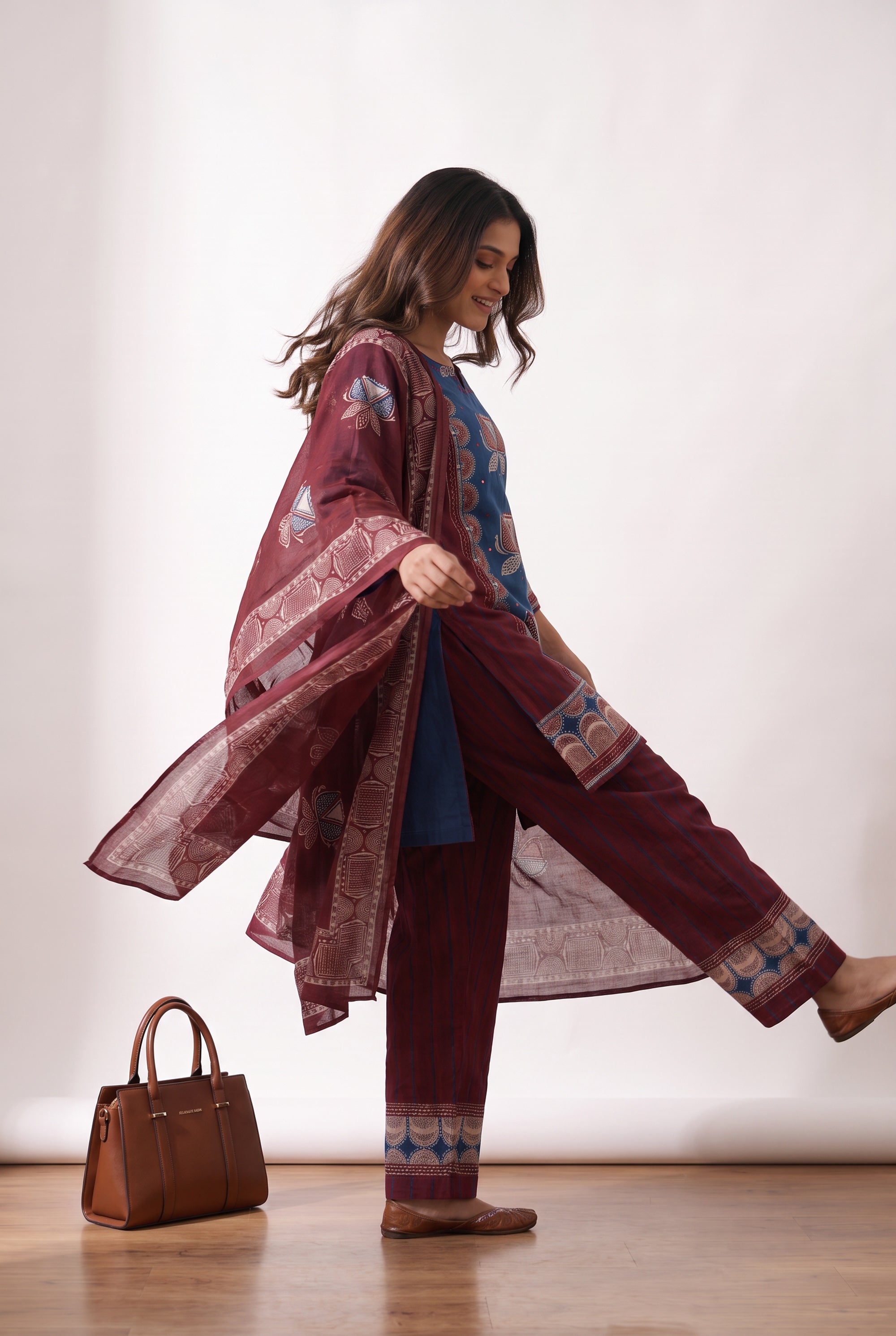 Traditional Blue Hand Block Print Inspired Cotton Kurta Set with Maroon Dupatta & Straight Pants