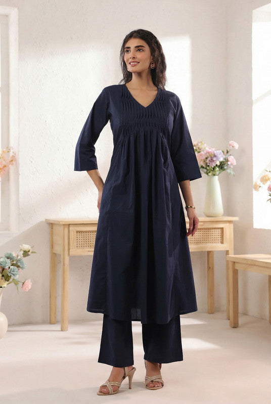 Navy Blue Solid Pintuck A-Line Cotton Kurta with Straight Pants