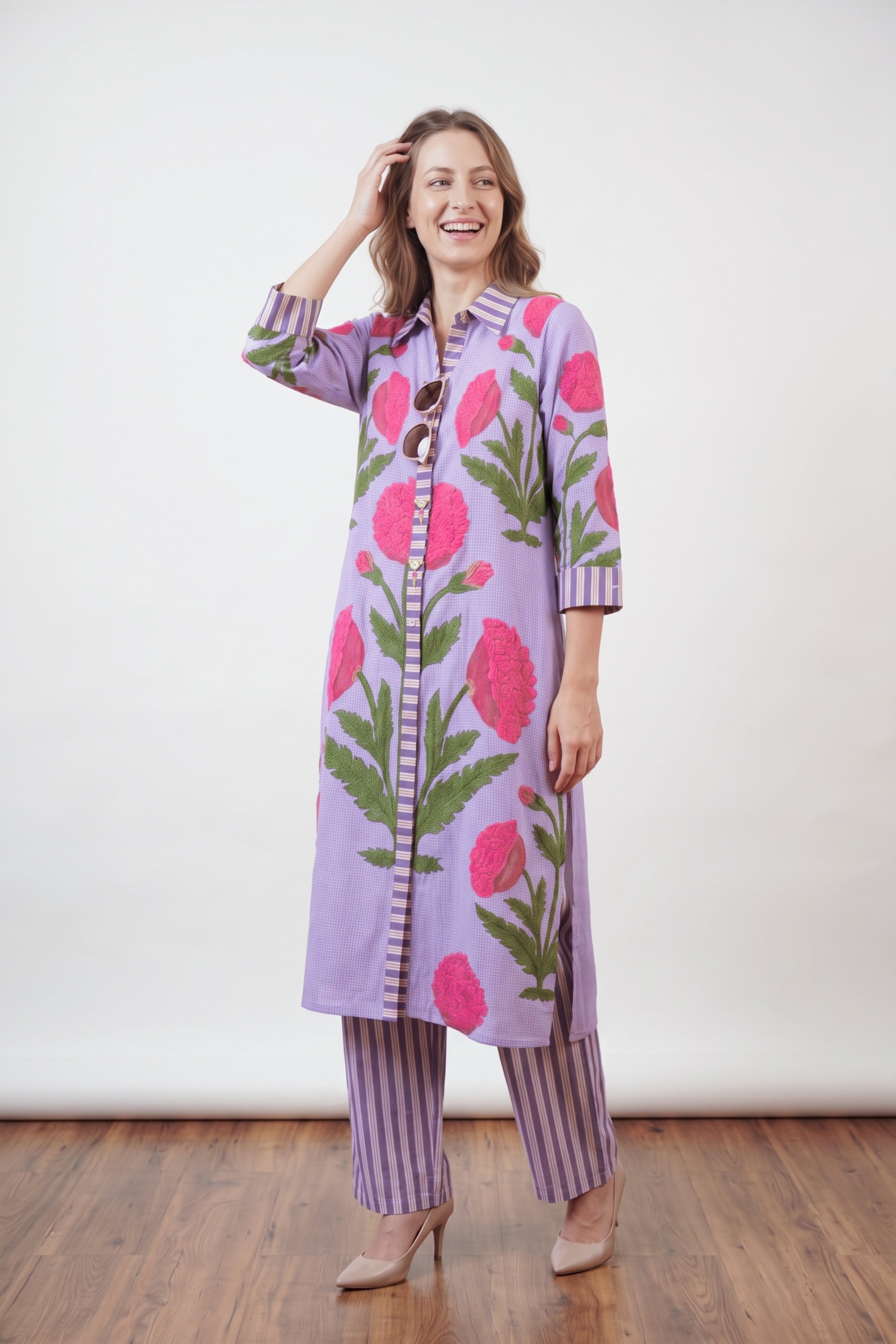 Multicolour Floral Printed Straight Cotton Kurta with Matching Striped Pant
