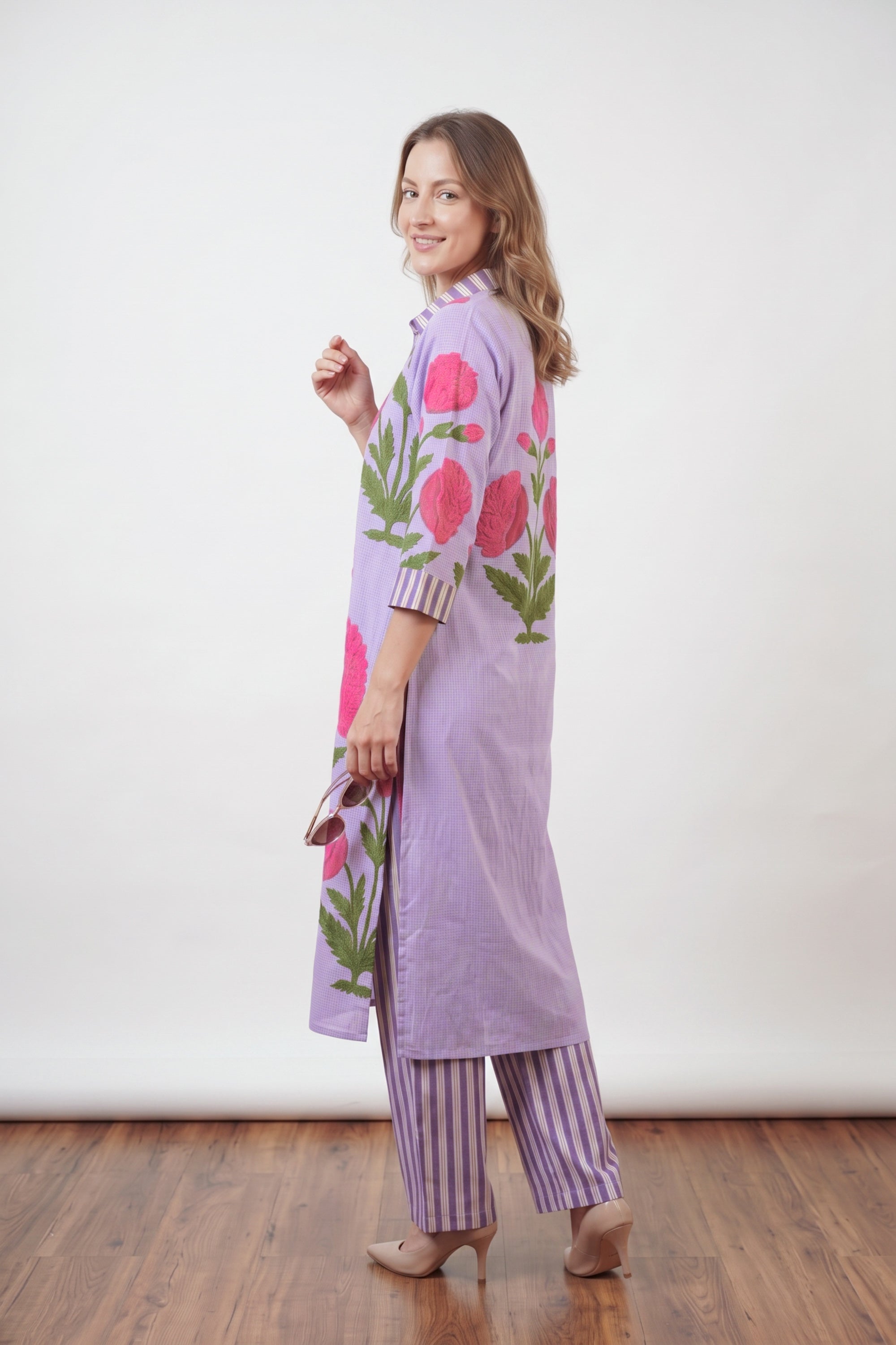 Multicolour Floral Printed Straight Cotton Kurta with Matching Striped Pant