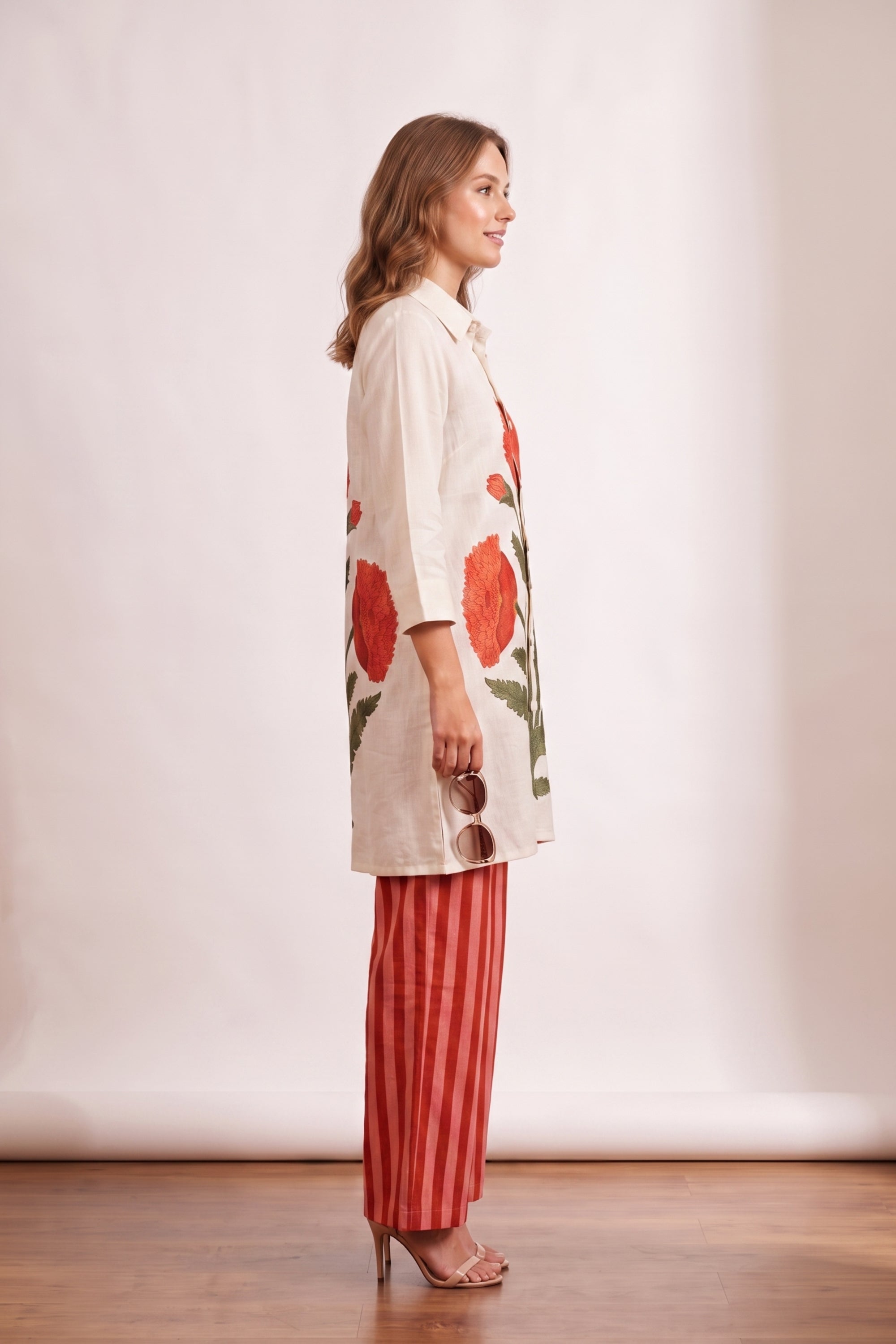 Off-White Botanical Floral Printed Cotton Flex Top with Coral Striped Pant Co-ord Set