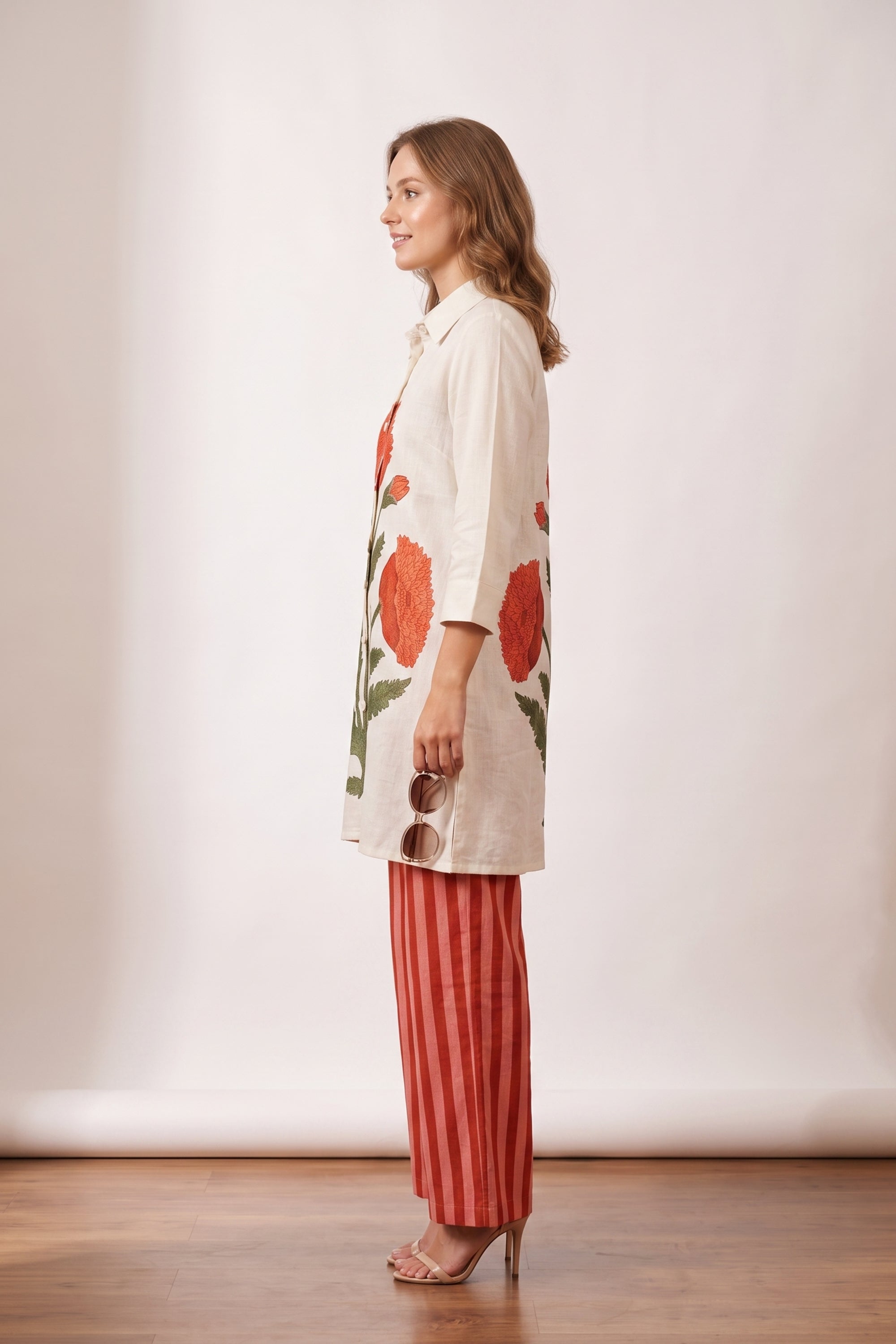 Off-White Botanical Floral Printed Cotton Flex Top with Coral Striped Pant Co-ord Set