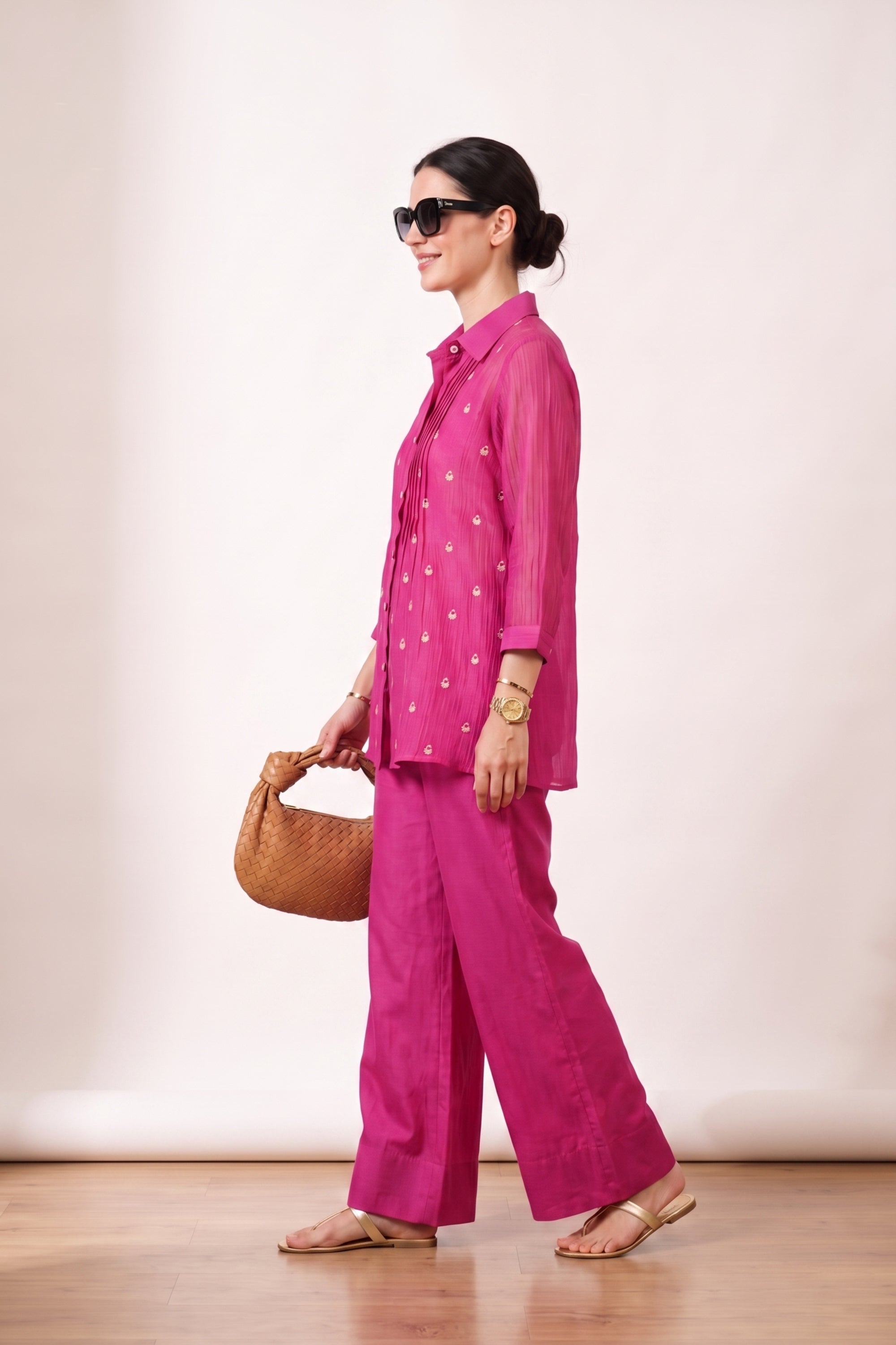Pink Pintuck Embroidered Button-Down Shirt with Wide Leg Pant Co-ord Set