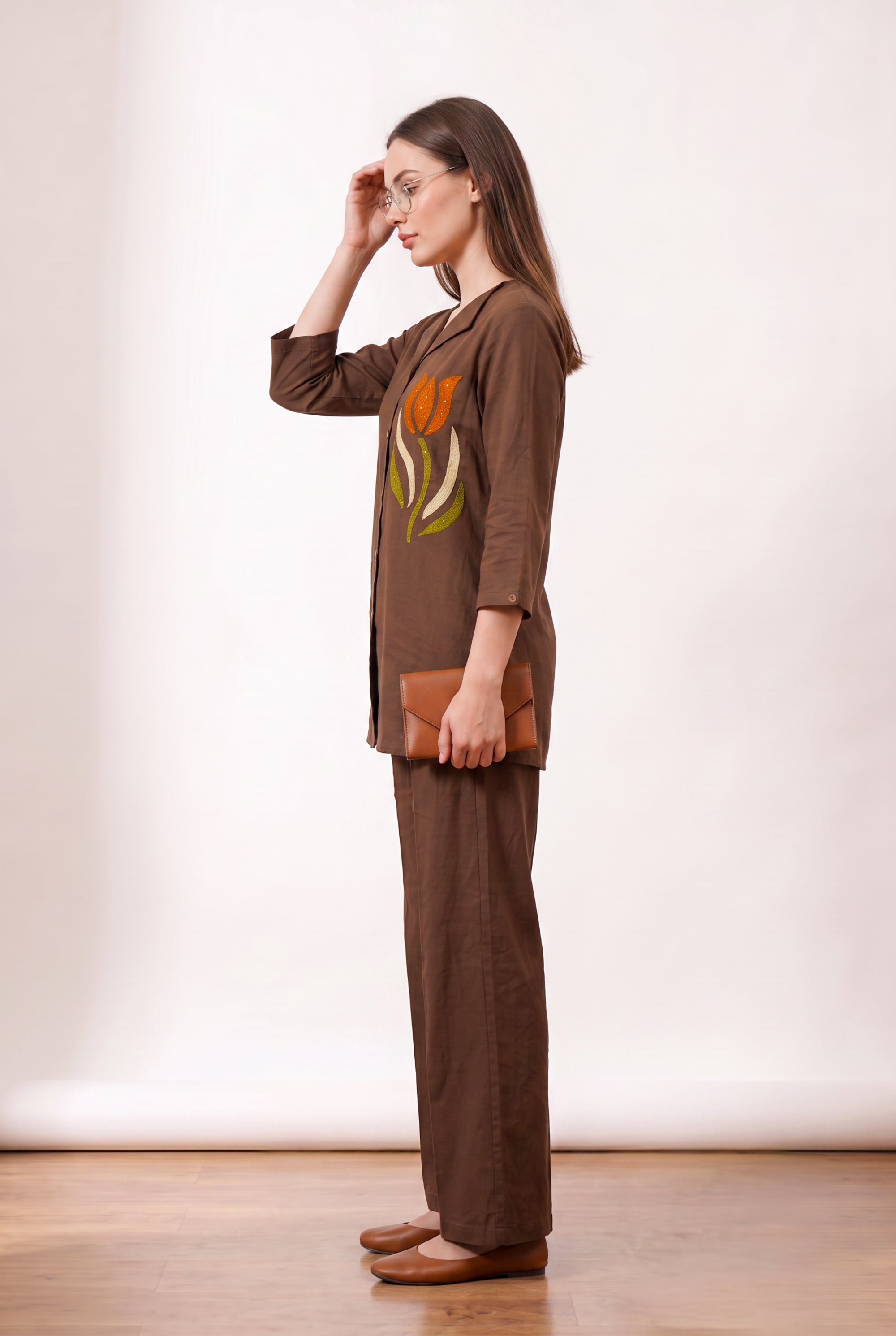 Brown Tulip Embroidered Button-Down Shirt with Wide Leg Pant Cotton Flex Co-ord Set