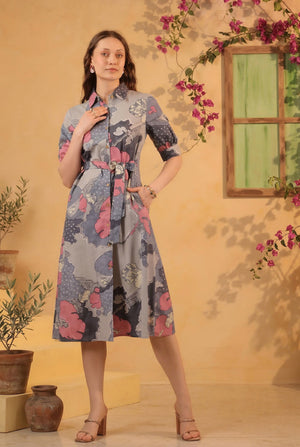 Grey Multi-Floral Abstract Printed Cotton Flex Button-Front Tie-Waist Midi Dress
