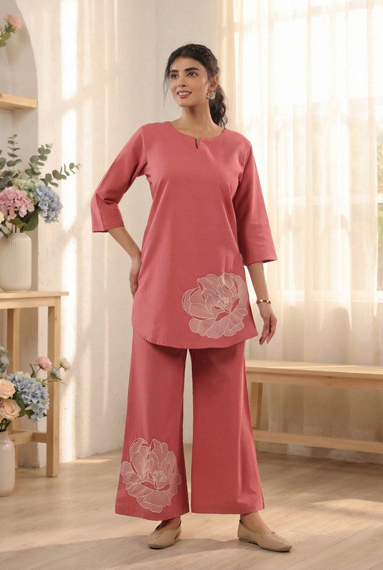 Dusty Peach Floral Motif Embroidered Cotton Flex Co-ord Set
