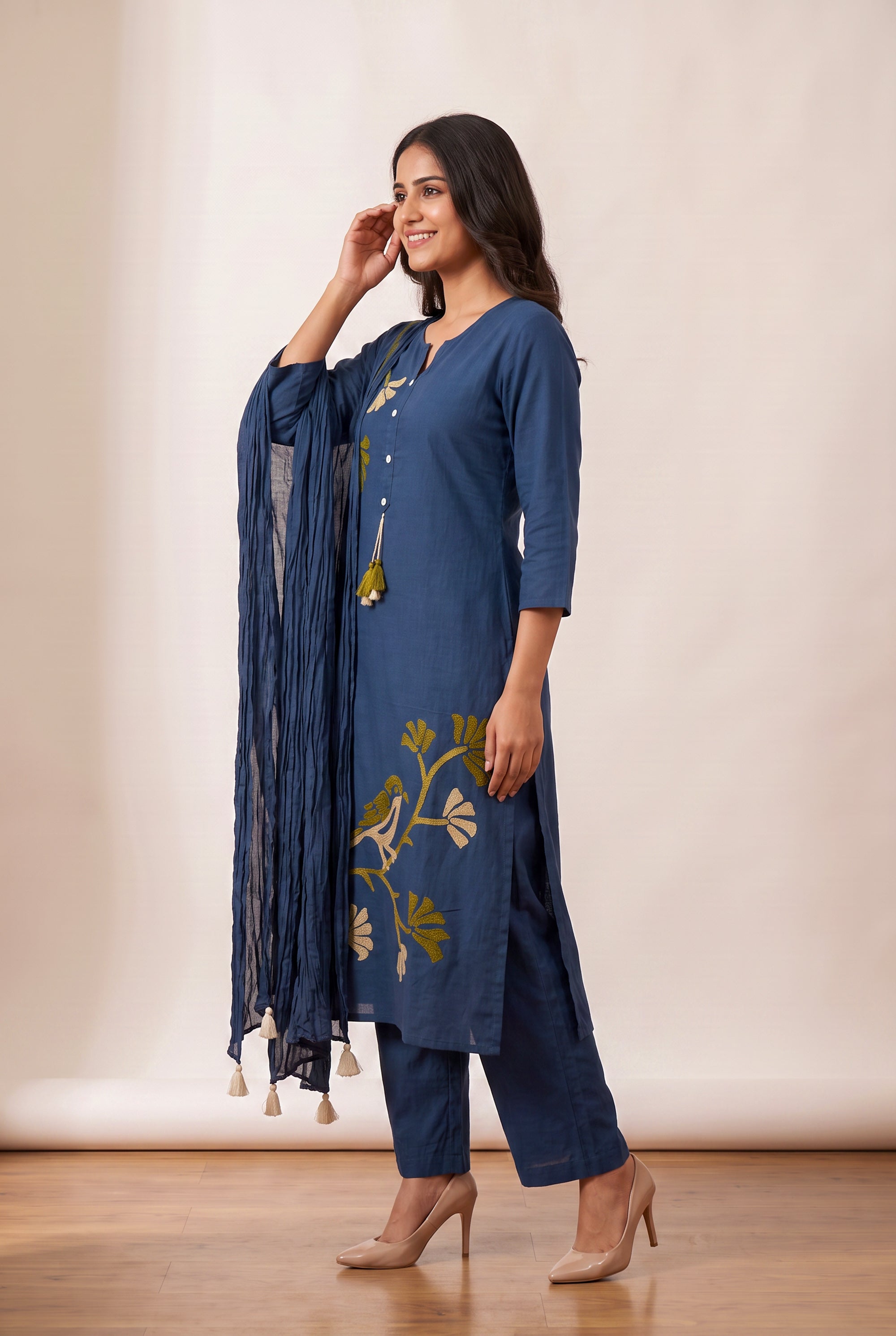 Blue Bird Printed Cotton Flex Kurta Set with Crushed Tassel Detail Dupatta & Straight Pants