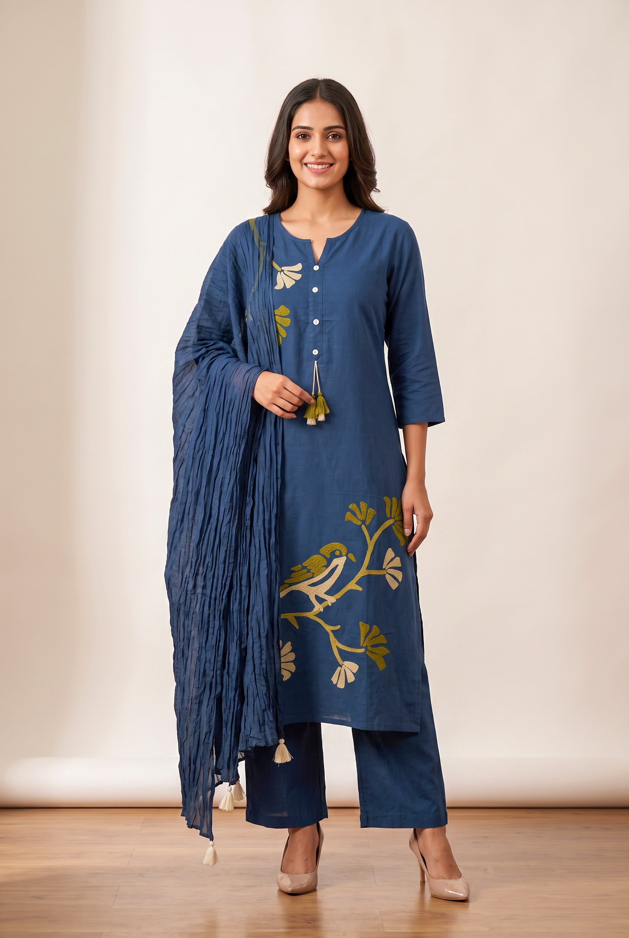 Blue Bird Printed Cotton Flex Kurta Set with Crushed Tassel Detail Dupatta & Straight Pants