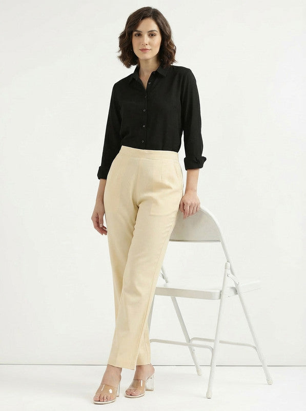 Solid Cream High Waist Straight Fit Cotton Pants