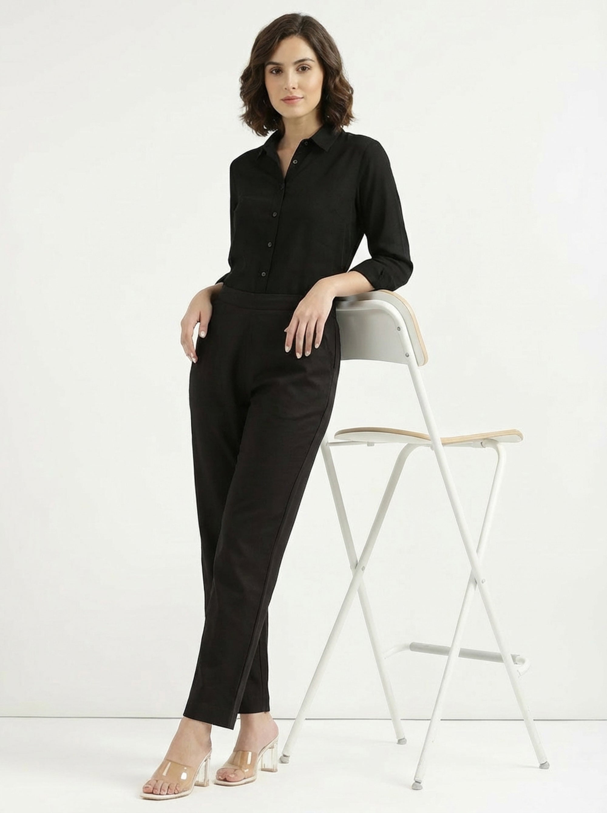 Solid Black Straight Ankle Length Cotton Pants
