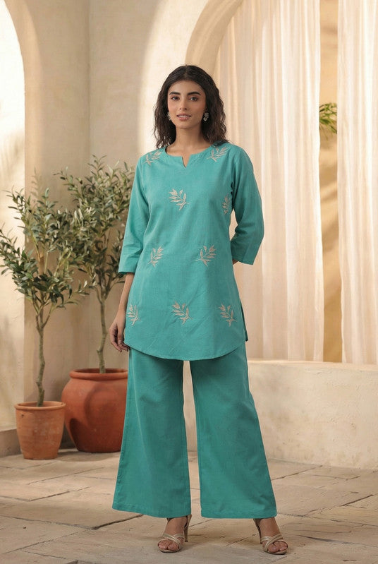 Sea Green Minimal Embroidered Leaf Motif Cotton FlexCo-ord Set