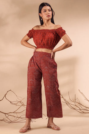 Abstract on Maroon Off-Shoulder Cotton Co-ord Set