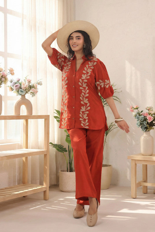 Rust Leaf Printed Cotton Co-ord Set with Puff Sleeves