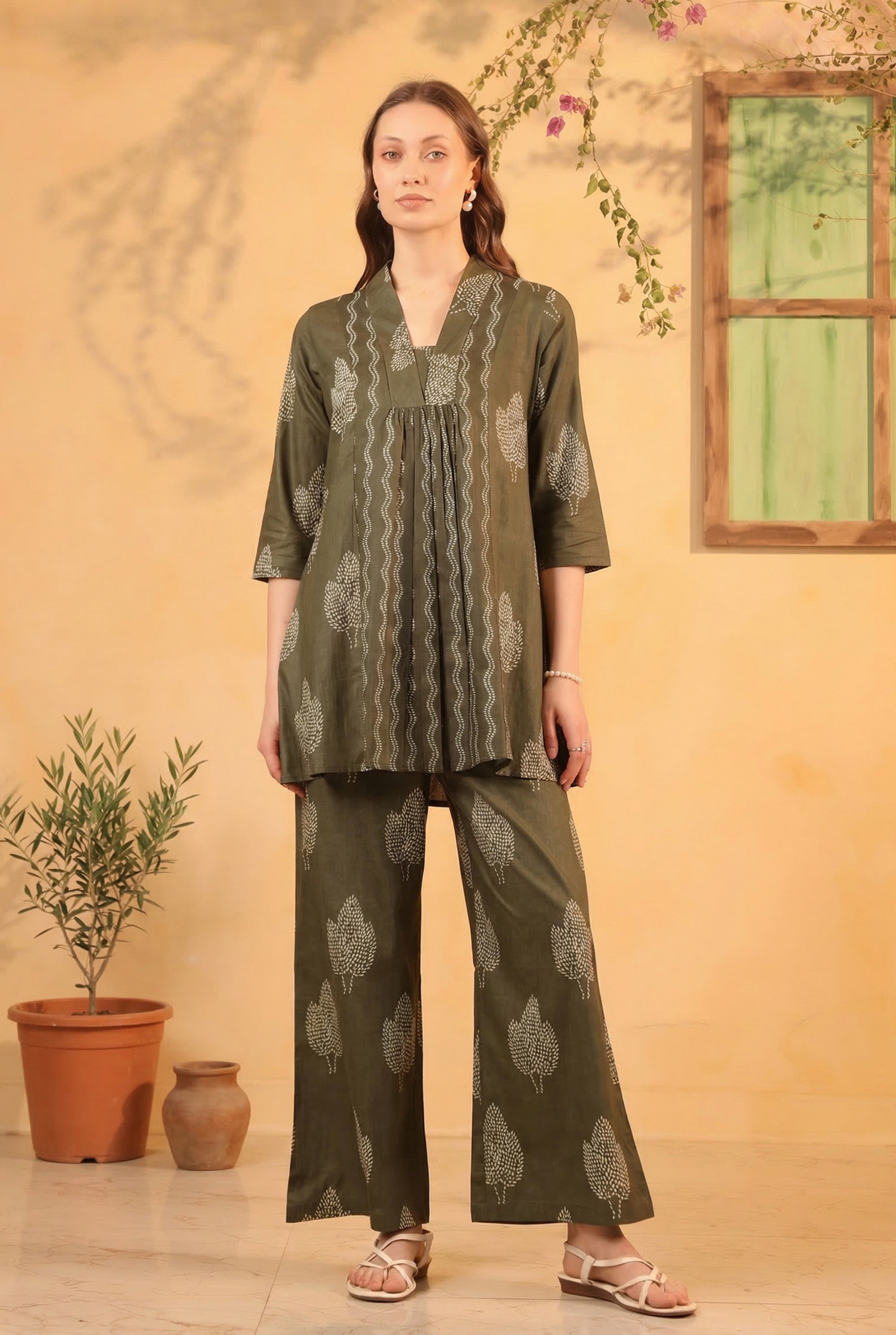 Olive Green Nature Leaf Printed Tunic & Pant Cotton Co-ord Set