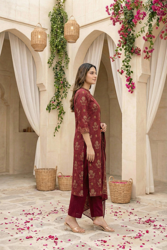 Wine Ethnic Motif Printed Cotton Kurta Set with Dupatta