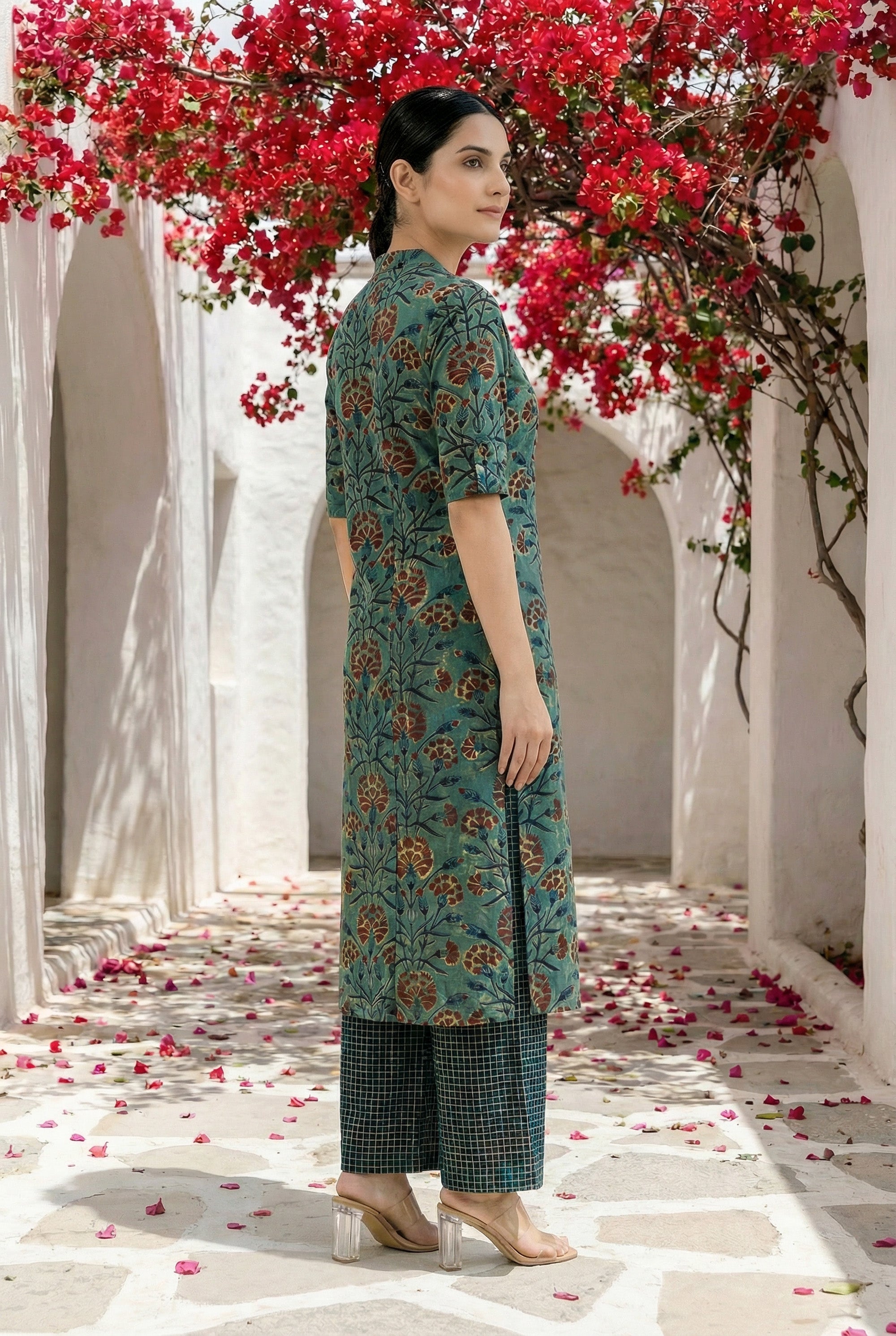 Teal Green Floral Printed Cotton Straight Kurta Set
