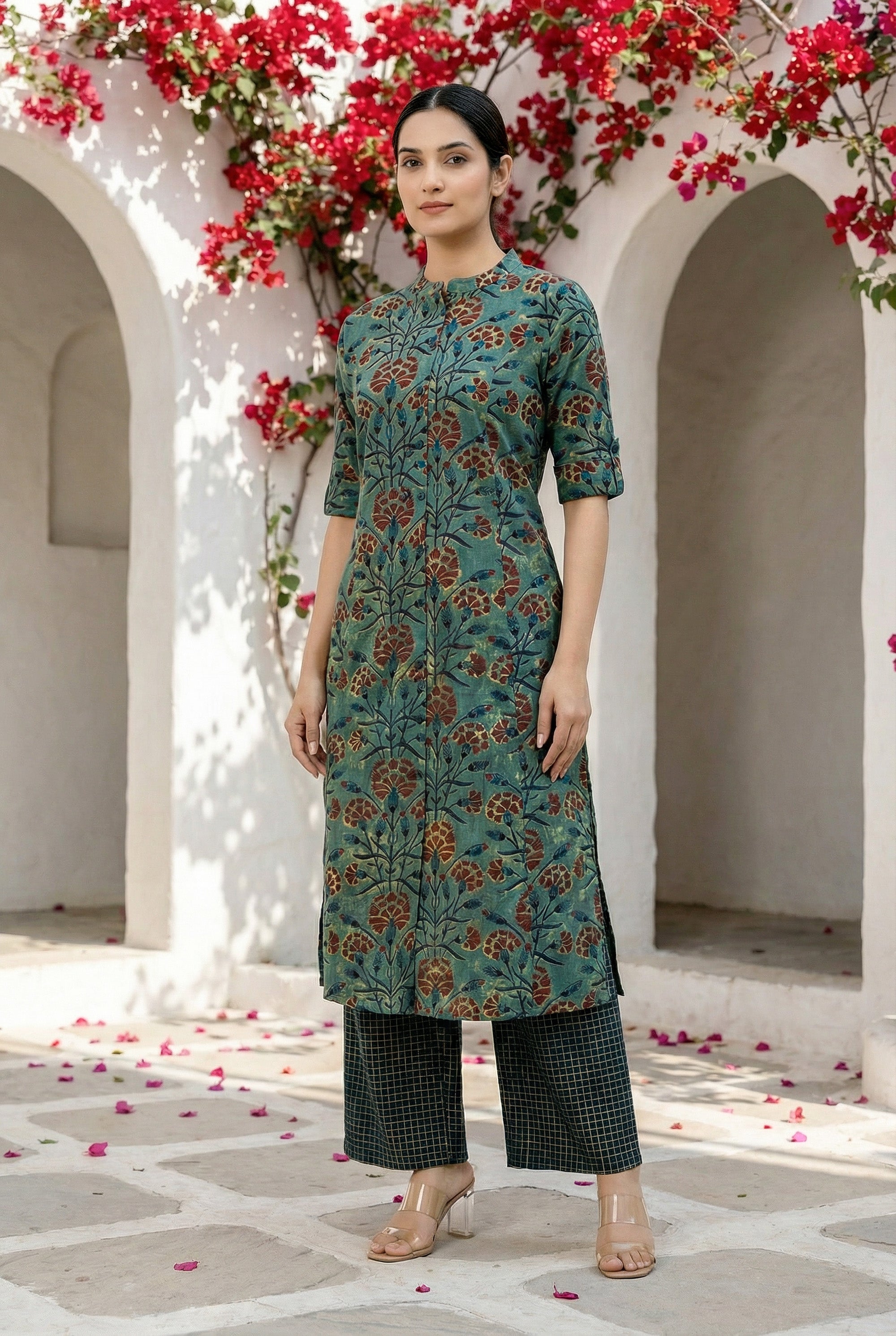 Teal Green Floral Printed Cotton Straight Kurta Set