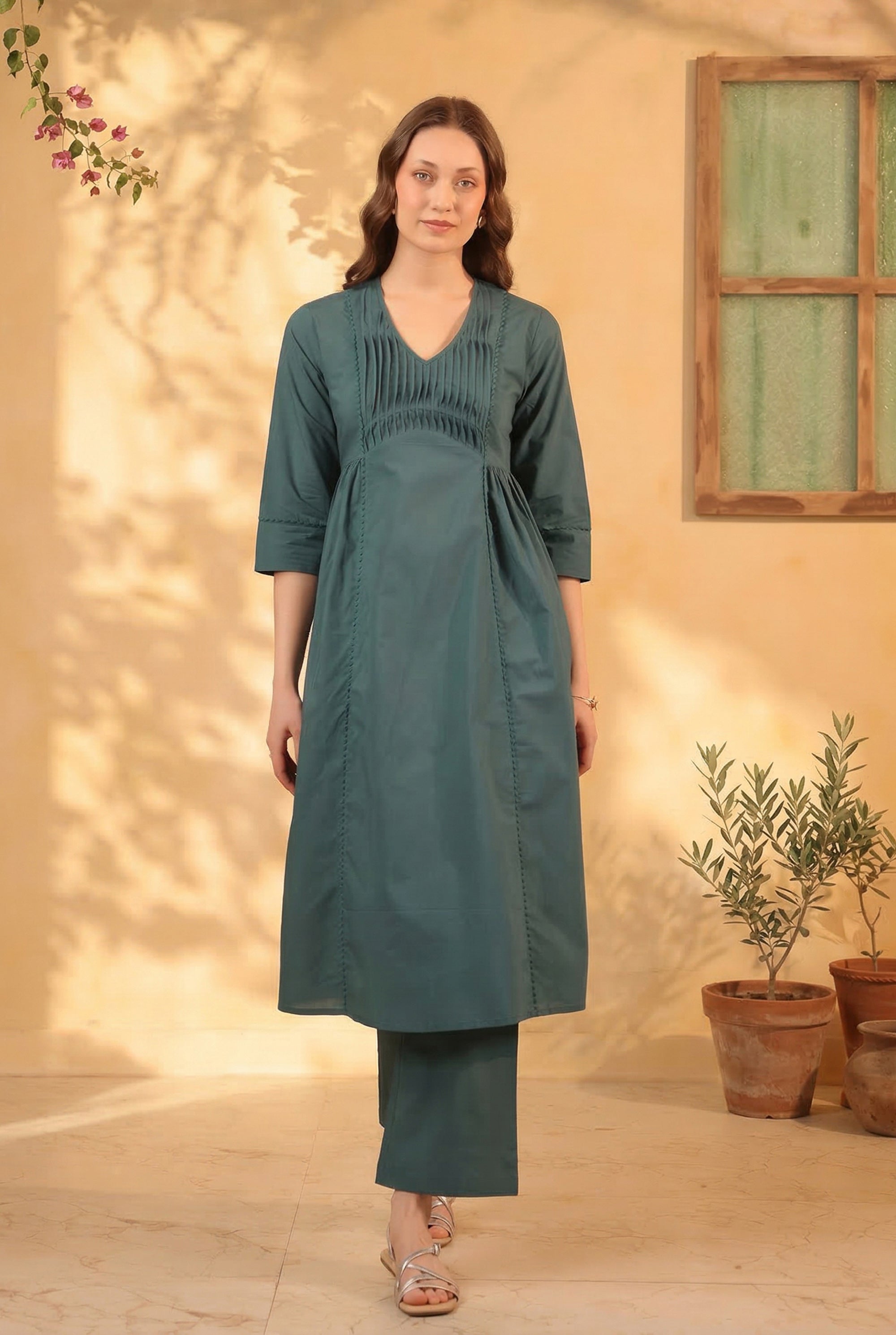 Green Classic Pintuck Solid Cotton Designer Kurta with Pant Set
