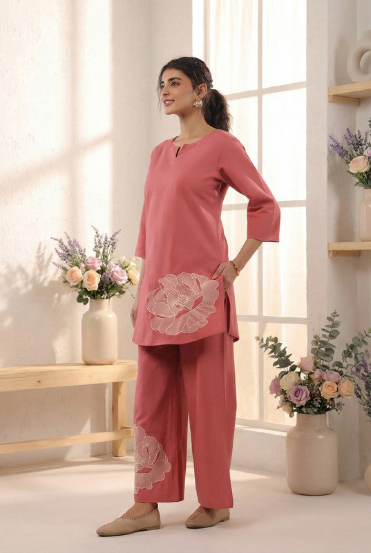 Dusty Peach Floral Motif Embroidered Cotton Flex Co-ord Set