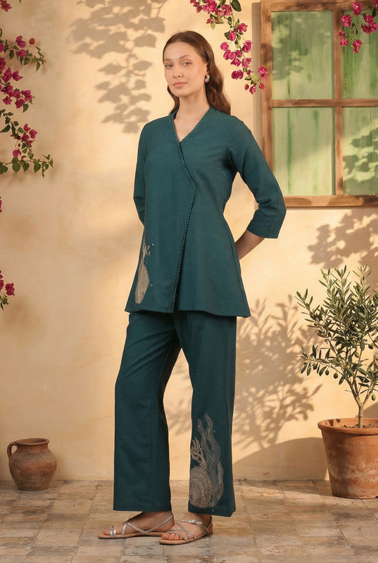 Teal Designer Contemporary Printed Cotton Flex Tunic with Straight Pants Co-ord Set