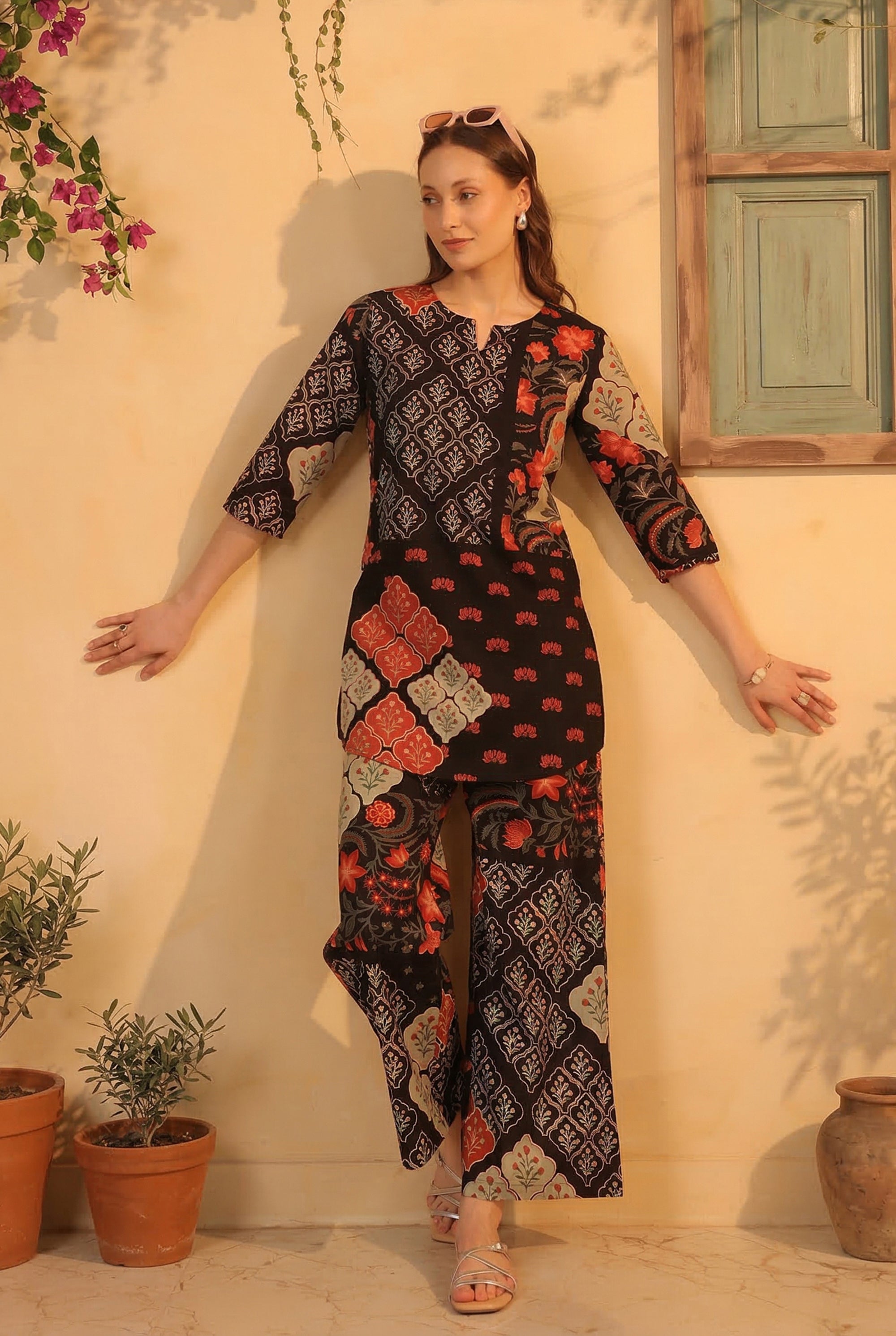 Black Ethnic Traditional Print Top and Pant Cotton Co-ord Set