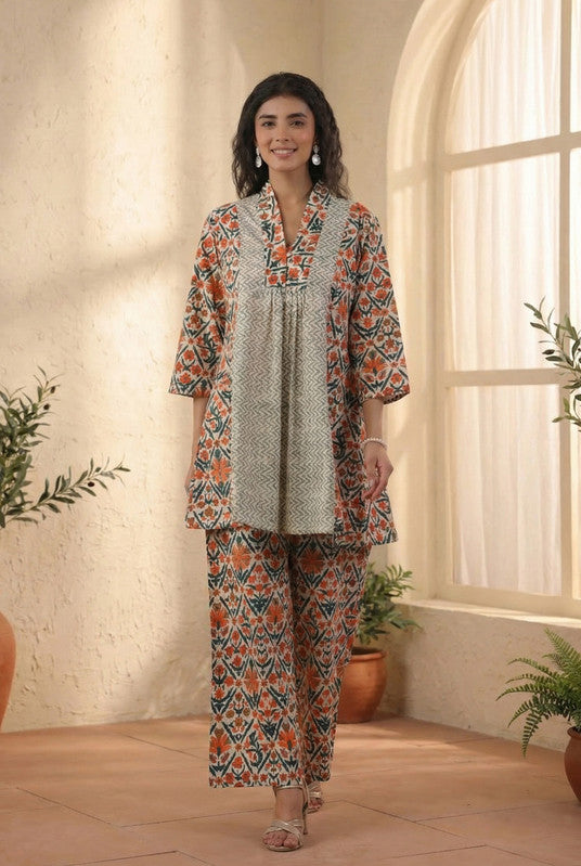 Multicolour Ethnic Floral Printed Cotton Co-ord Set