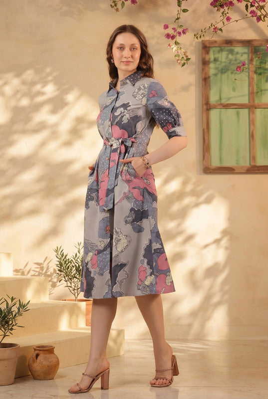 Grey Floral Abstract Printed Cotton Flex Button-Front Tie-Waist Midi Dress