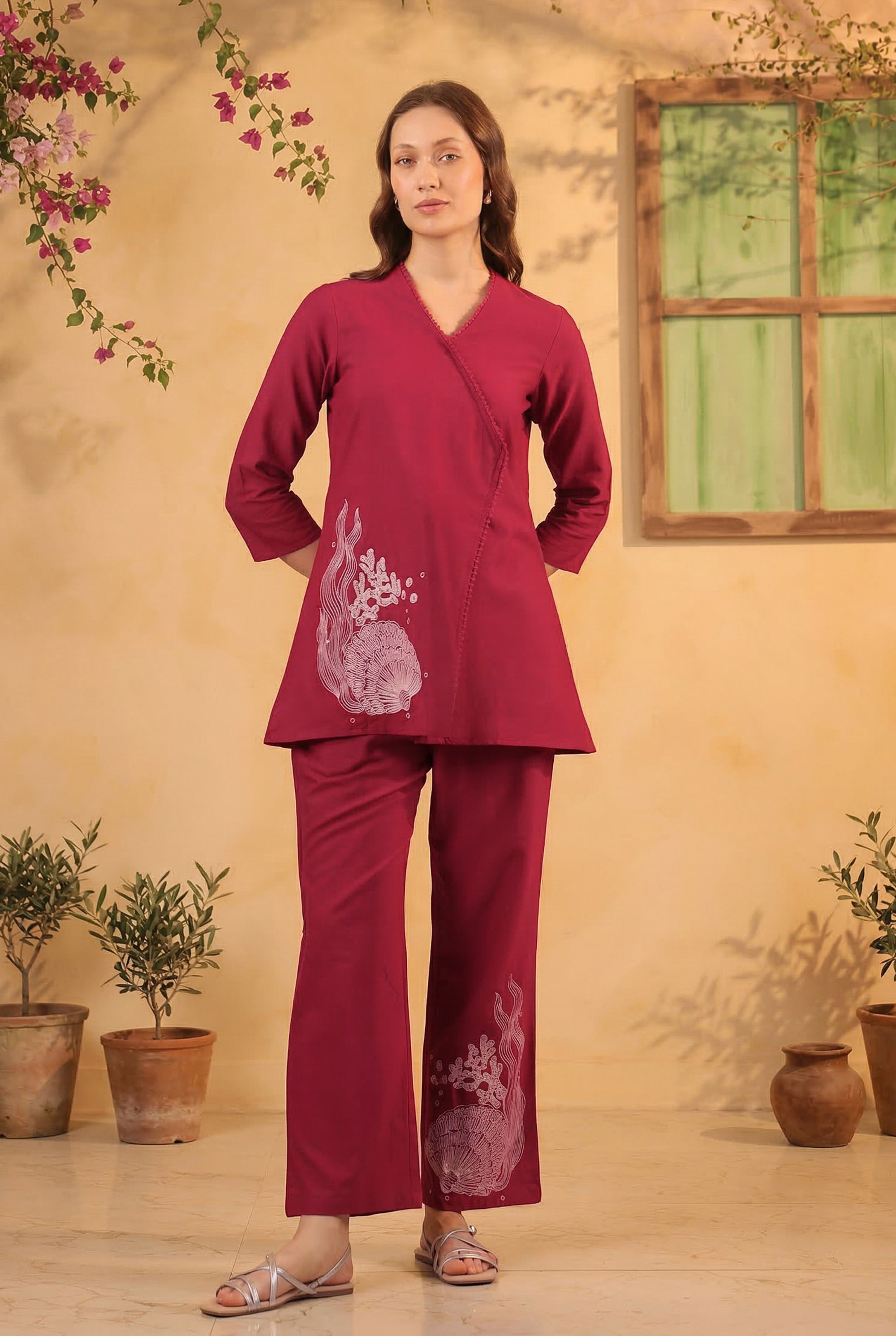Magenta Wrap Style Placement Embroidered Cotton Flex Two Piece Co-ord Set