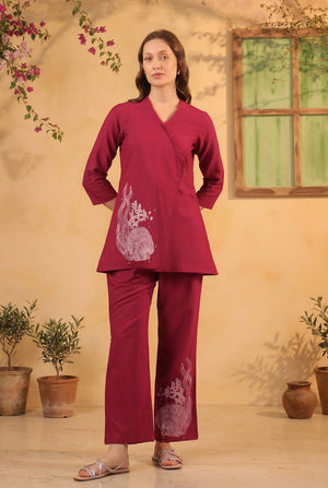 Magenta Wrap Style Placement Embroidered Cotton Flex Two Piece Co-ord Set