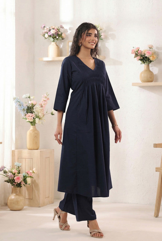 Navy Blue Solid Pintuck A-Line Cotton Kurta with Straight Pants