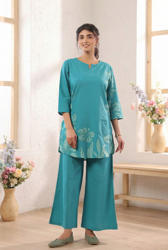 Teal Green Elegant Floral Printed Cotton Co-ord Set
