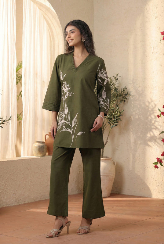 Olive Green Artistic Floral Printed Cotton Co-ord Set