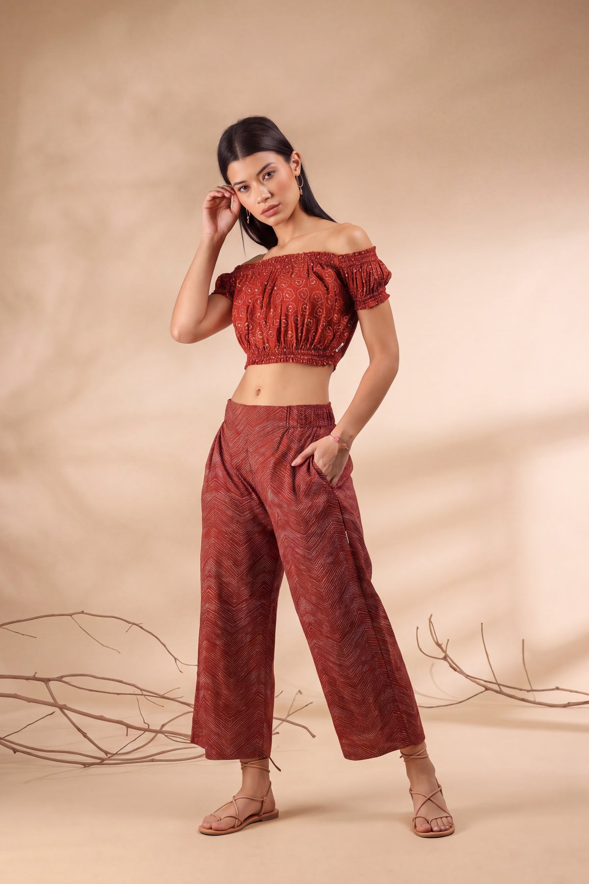 Abstract on Maroon Off-Shoulder Cotton Co-ord Set