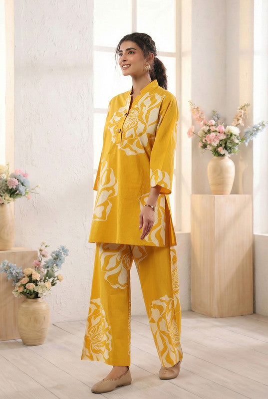 Mustard Yellow Large Floral Printed Cotton Co-ord Set with Button Placket