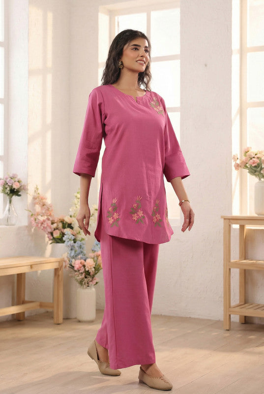 Rose Pink Floral Embroidered Cotton Flex Co-ord Set
