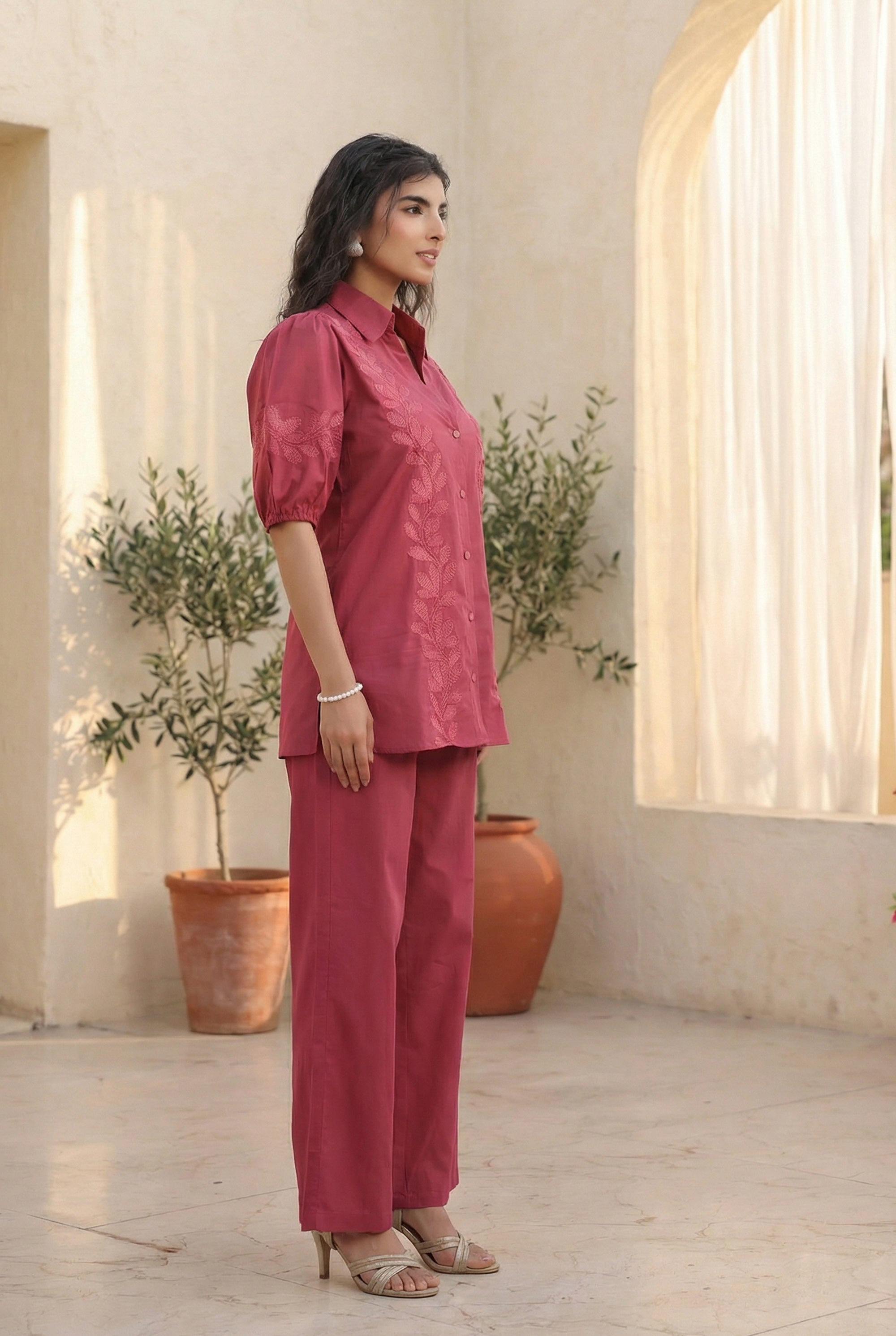 Pink Leaf Printed Designer Cotton Co-ord Set with Puff Sleeves