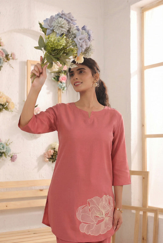 Dusty Peach Floral Motif Embroidered Cotton Flex Co-ord Set