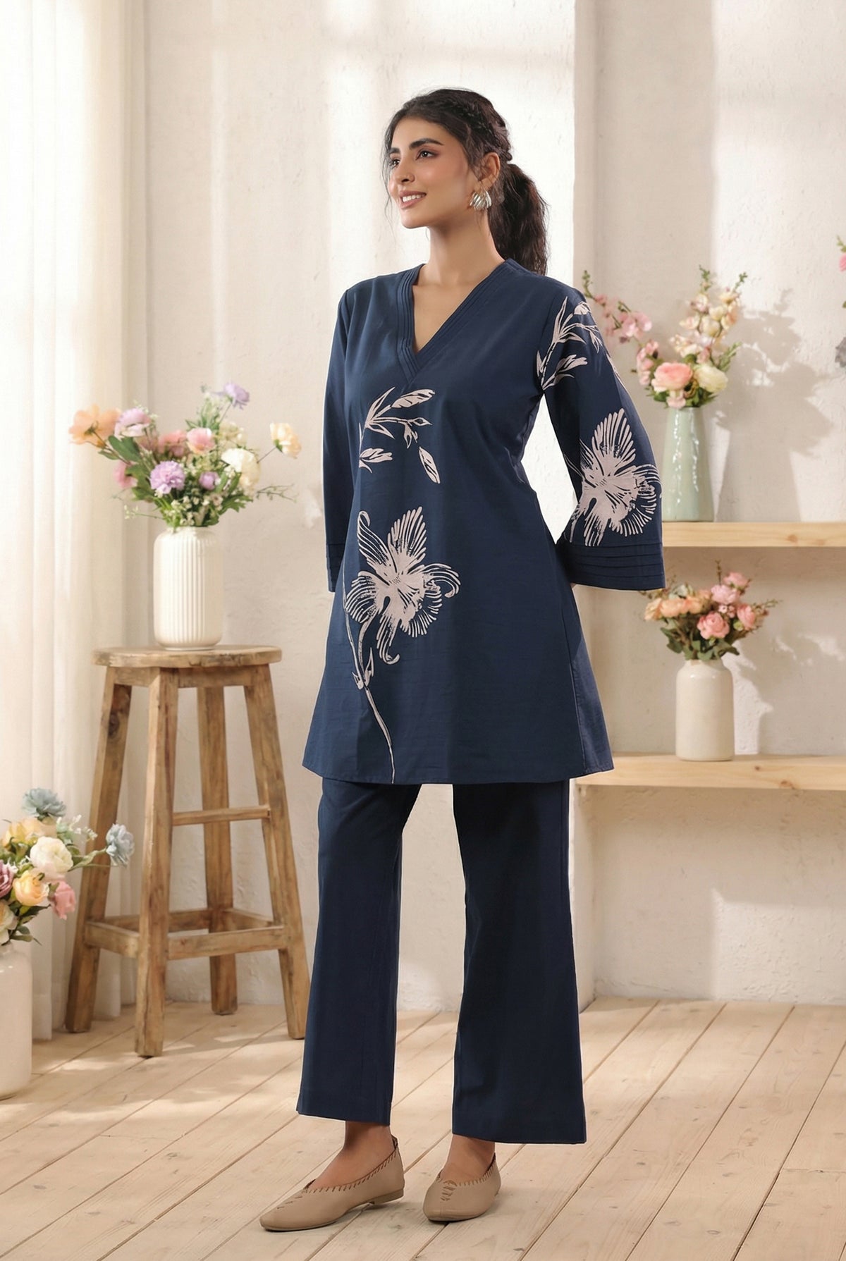 Navy Blue Floral Printed Cotton Co-ord Set