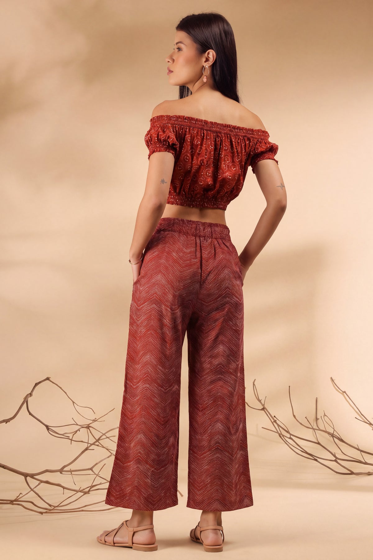 Abstract on Maroon Off-Shoulder Cotton Co-ord Set