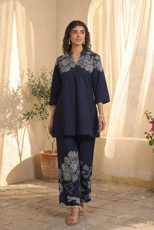 Navy Blue Elegant Floral Cotton Co-ord Set